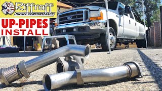 2001 F350 73  RiffRaff UpPipes Install  Stock up pipes leaking and falling apart JUNK SP [upl. by Hootman]